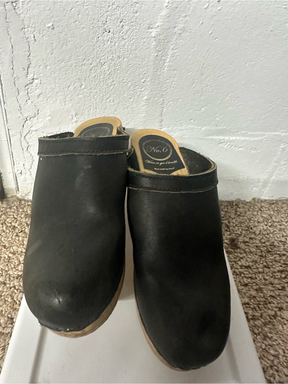No. 6 Black Leather Clog Mules with Tan Sole